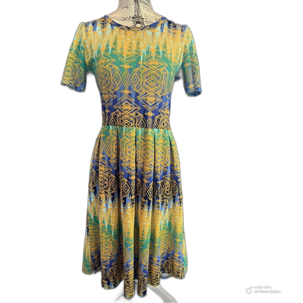 LuLaRoe Blue and Yellow Geometric Midi Dress